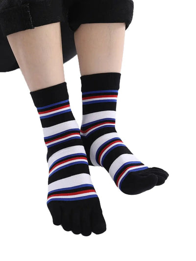stripe men's five finger cotton socks, black