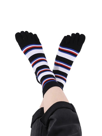 stripe men's five finger cotton socks, black