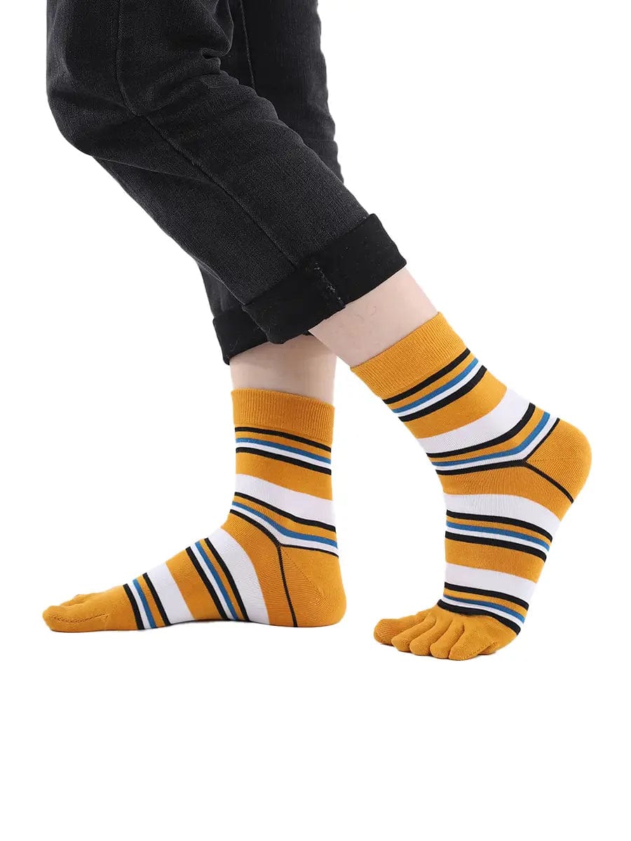 stripe men's five finger cotton socks, yellow
