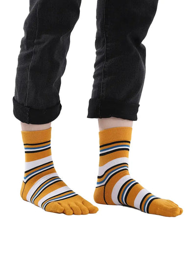 stripe men's five finger cotton socks, yellow