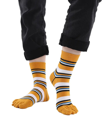 stripe men's five finger cotton socks, yellow