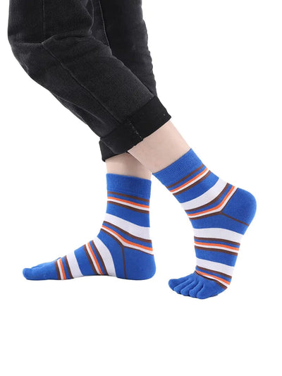 stripe men's five finger cotton socks, blue