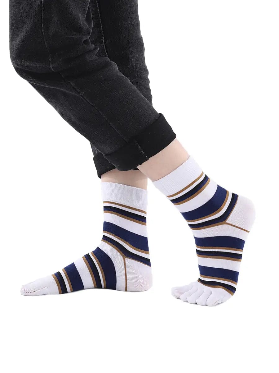 stripe men's five finger cotton socks, white