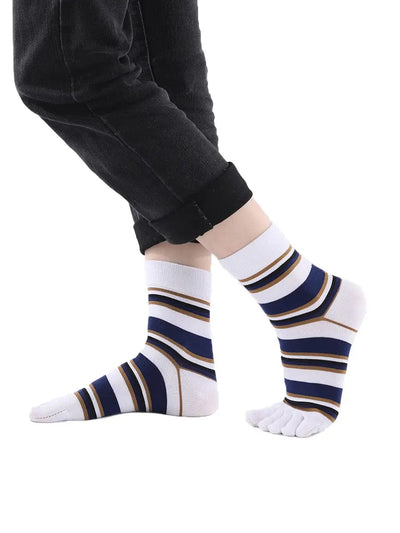 stripe men's five finger cotton socks, white