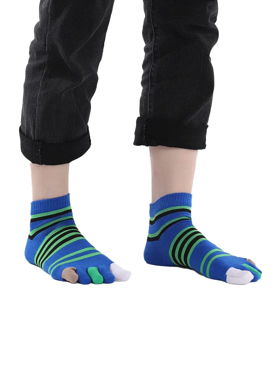 men's mix color five finger cotton socks with green stripe