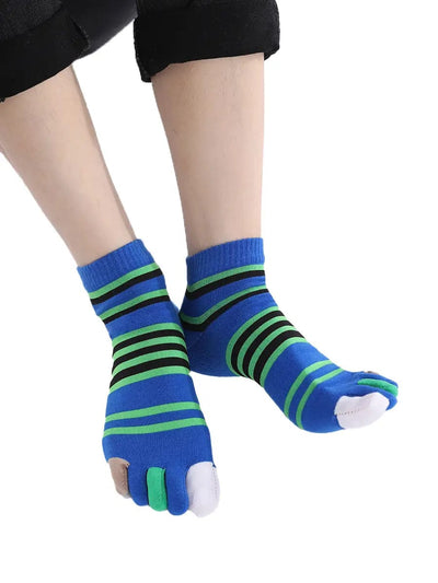 men's mix color five finger cotton socks with green stripe