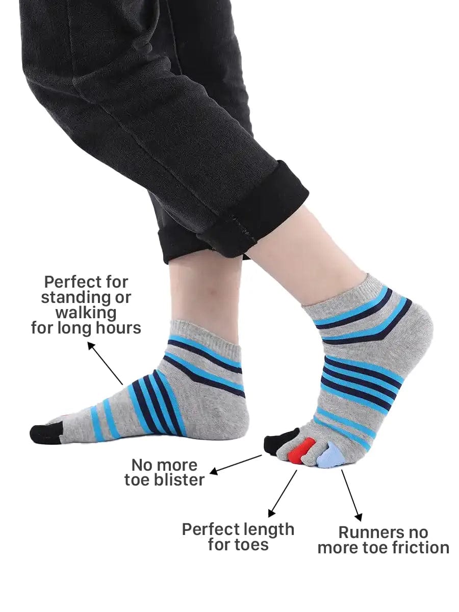men's mix color five finger cotton toe socks with blue stripe