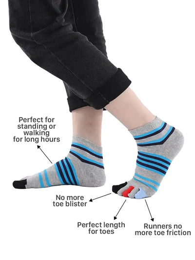 men's mix color five finger cotton toe socks with blue stripe