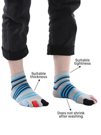 men's mix color five finger cotton toe socks with blue stripe