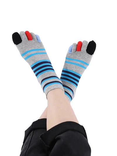 men's mix color five finger cotton toe socks with blue stripe