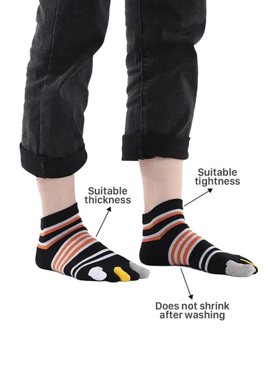 men's mix color five finger cotton toe socks with orange stripe