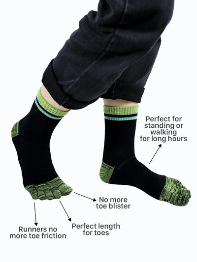 Men's cotton striped five finger toe socks, green and black