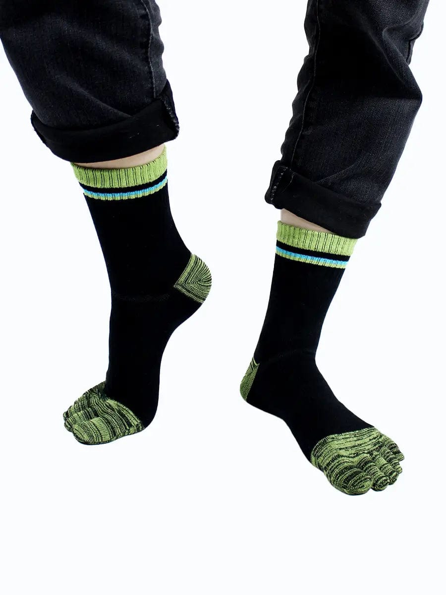 Men's cotton striped five finger toe socks, green and black