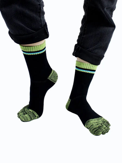 Men's cotton striped five finger toe socks, green and black