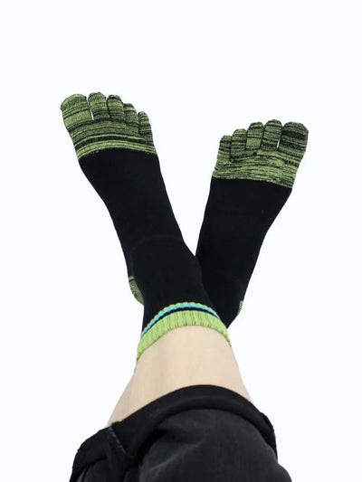 Men's cotton striped five finger toe socks, green and black