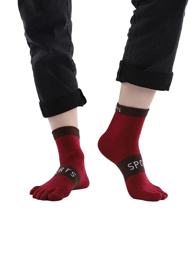men's five finger cotton socks with sports print, red