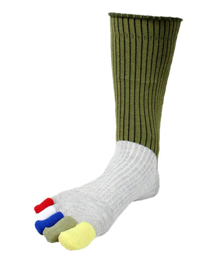 Color-blocked women's five finger cotton toe socks, army green