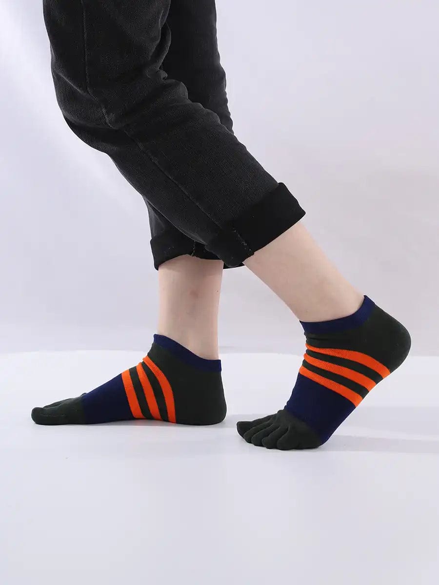 Cotton men's Low Cut Five Finger Socks, orange stripes