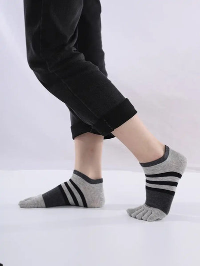 Cotton men's Low Cut Five Finger Socks, grey stripes