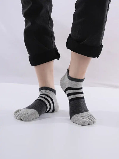 Cotton men's Low Cut Five Finger Socks, grey stripes