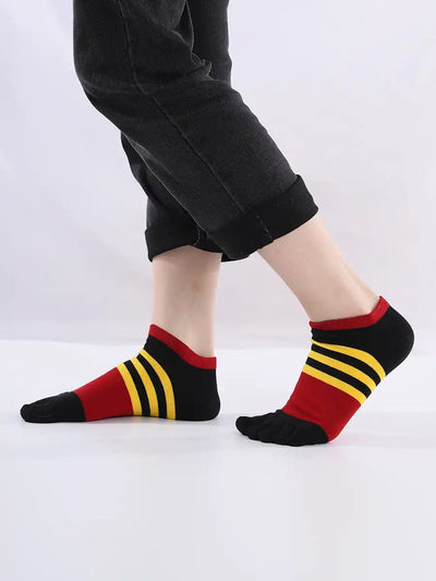 Cotton men's Low Cut Five Finger Socks, yellow & red stripes