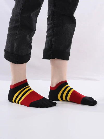 Cotton men's Low Cut Five Finger Socks, yellow & red stripes