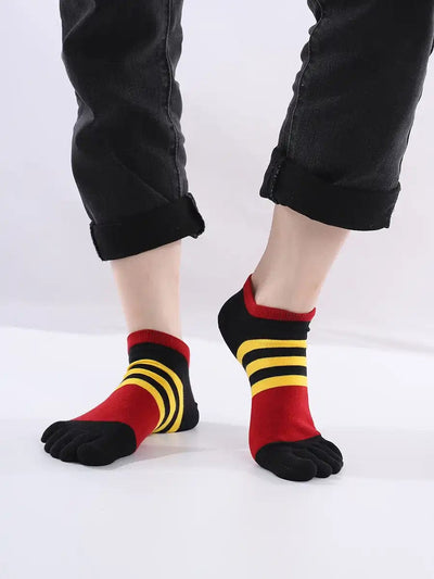 Cotton men's Low Cut Five Finger Socks, yellow & red stripes