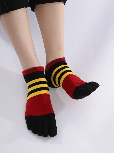 Cotton men's Low Cut Five Finger Socks, yellow & red stripes