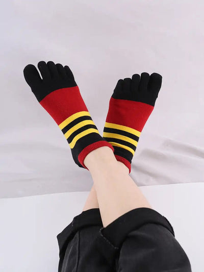 Cotton men's Low Cut Five Finger Socks, yellow & red stripes
