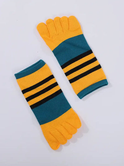 Cotton men's Low Cut Five Finger Socks, yellow & blue stripes