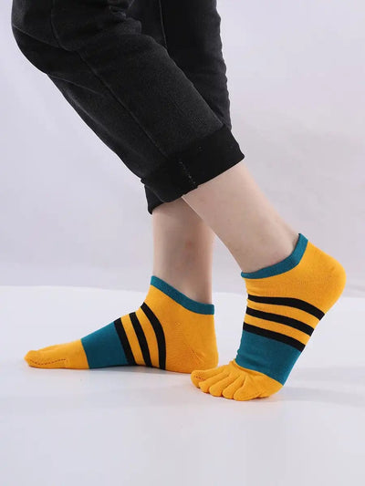 Cotton men's Low Cut Five Finger Socks, yellow & blue stripes