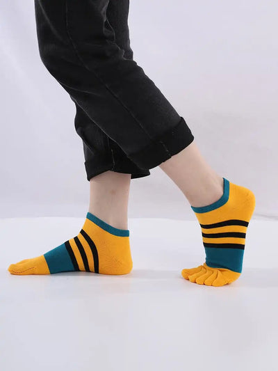 Cotton men's Low Cut Five Finger Socks, yellow & blue stripes