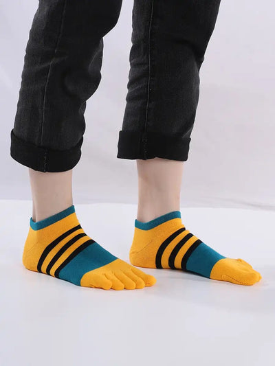 Cotton men's Low Cut Five Finger Socks, yellow & blue stripes