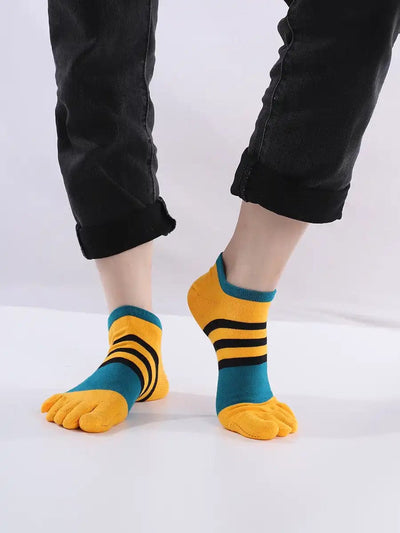 Cotton men's Low Cut Five Finger Socks, yellow & blue stripes