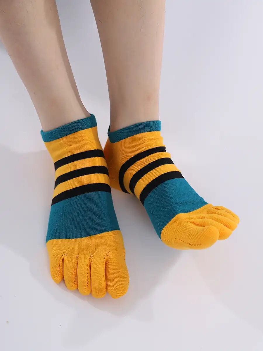 Cotton men's Low Cut Five Finger Socks, yellow & blue stripes
