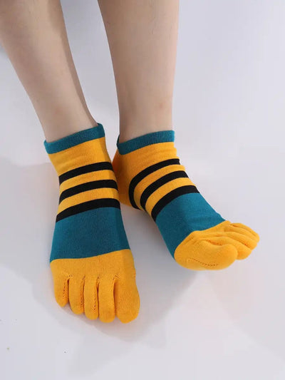 Cotton men's Low Cut Five Finger Socks, yellow & blue stripes