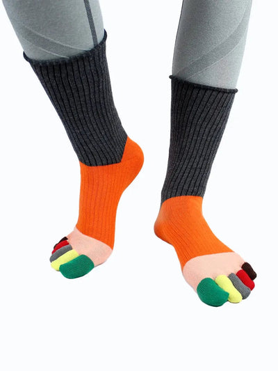 Color-blocked women's five finger cotton toe socks, dark grey