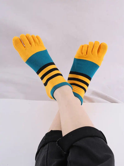 Cotton men's Low Cut Five Finger Socks, yellow & blue stripes