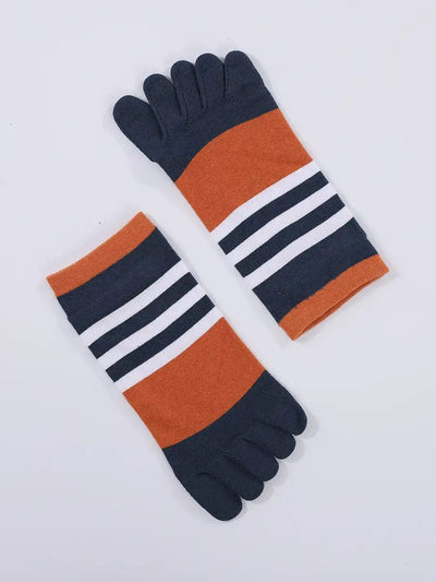 Cotton men's Low Cut Five Finger Socks, white & orange stripes
