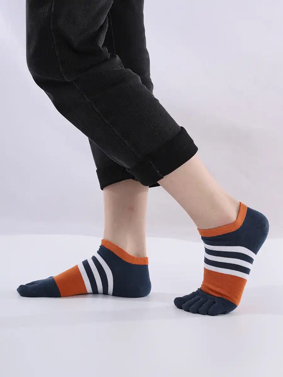 Cotton men's Low Cut Five Finger Socks, white & orange stripes