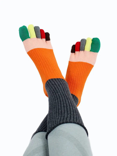 Color-blocked women's five finger cotton toe socks, dark grey