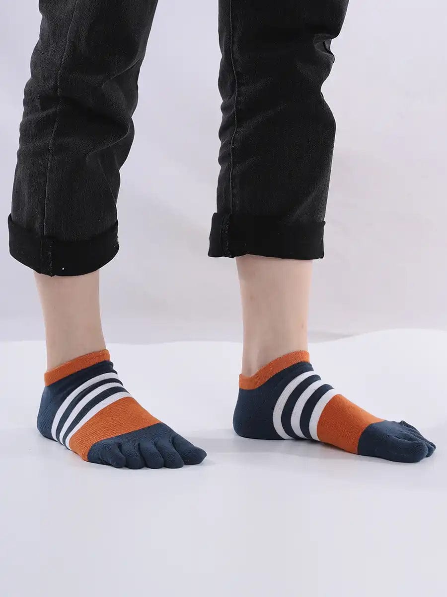 Cotton men's Low Cut Five Finger Socks, white & orange stripes