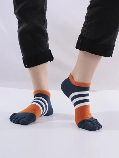 Cotton men's Low Cut Five Finger Socks, white & orange stripes