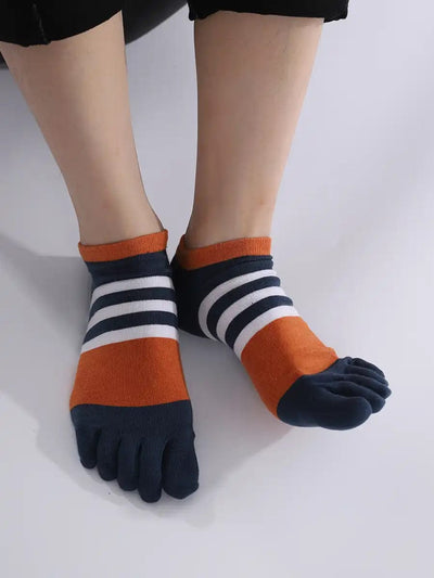 Cotton men's Low Cut Five Finger Socks, white & orange stripes