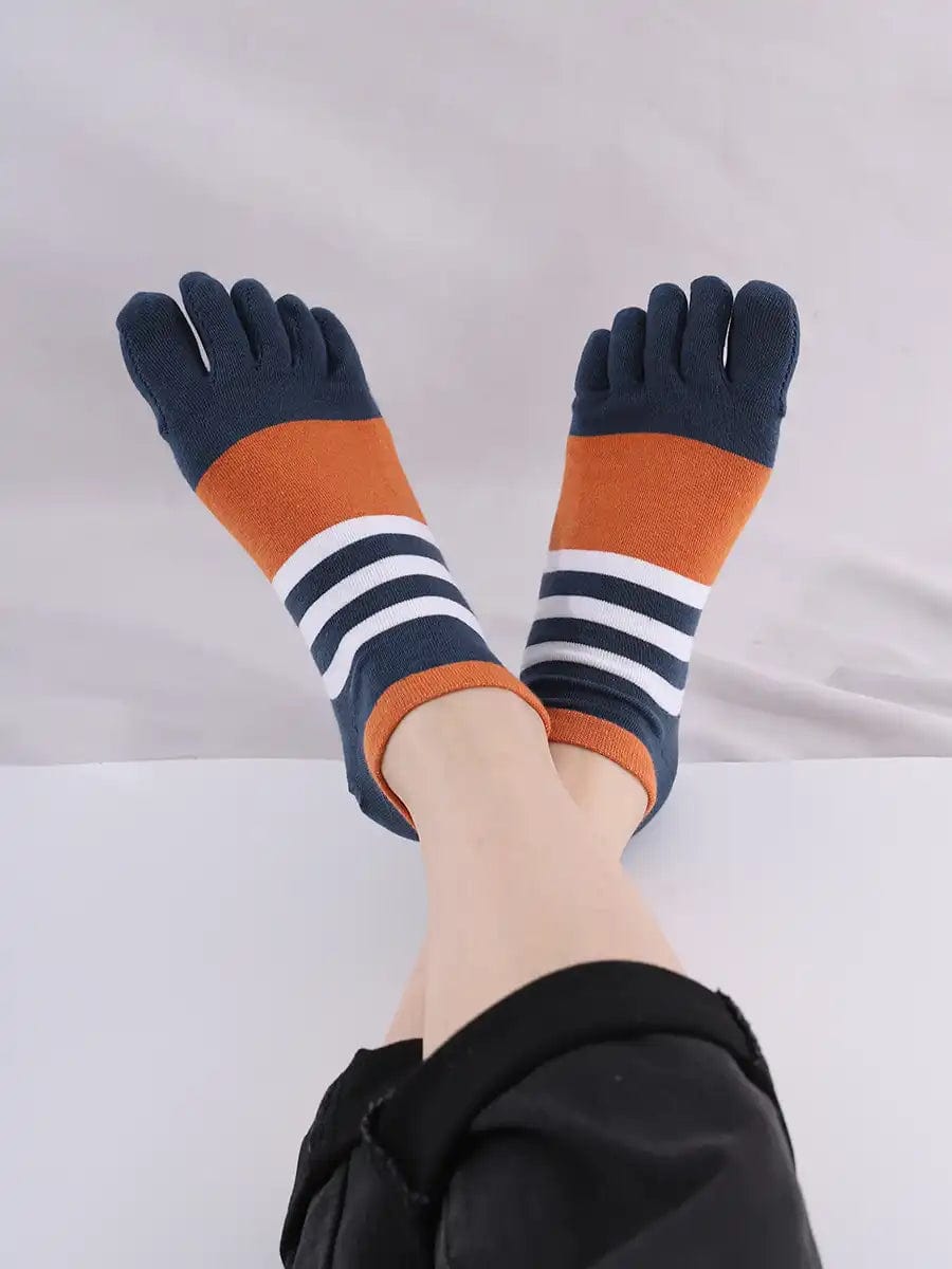 Cotton men's Low Cut Five Finger Socks, white & orange stripes
