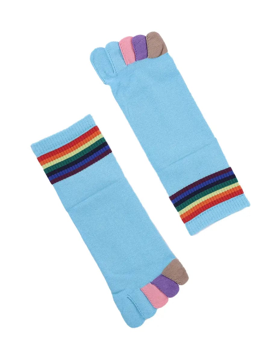rainbow pattern women's five finger cotton socks, blue