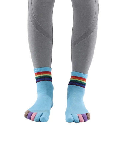rainbow pattern women's five finger cotton socks, blue