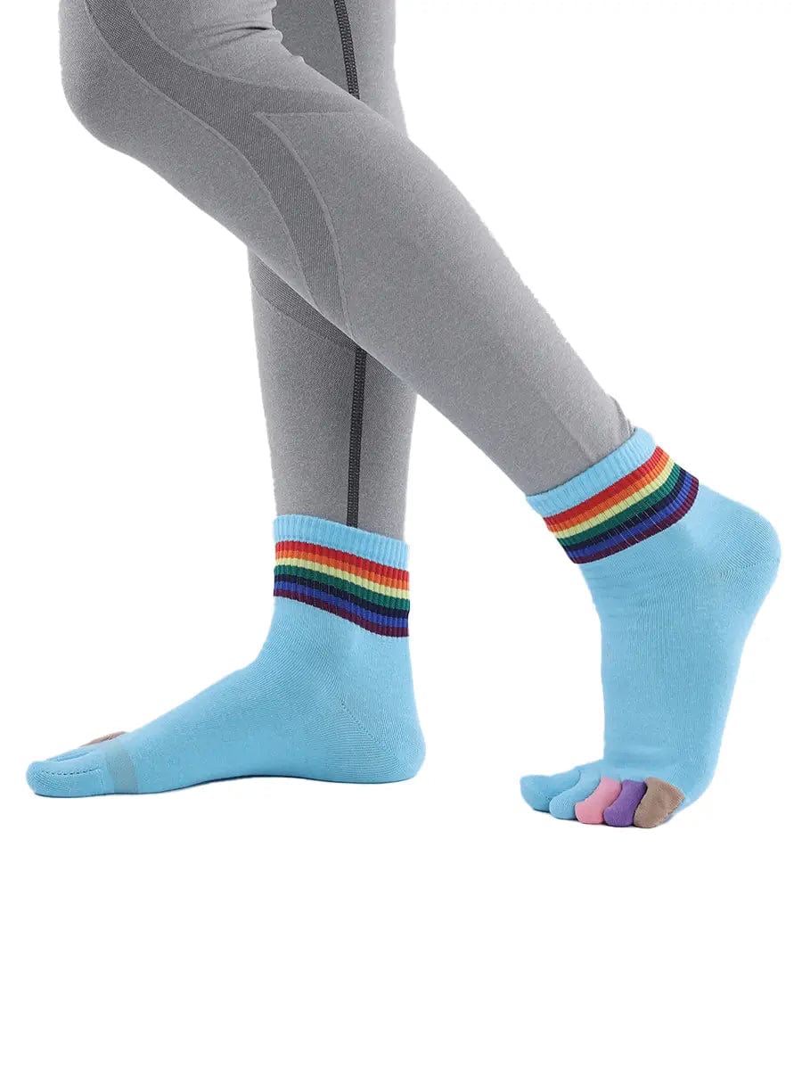 rainbow pattern women's five finger cotton socks, blue
