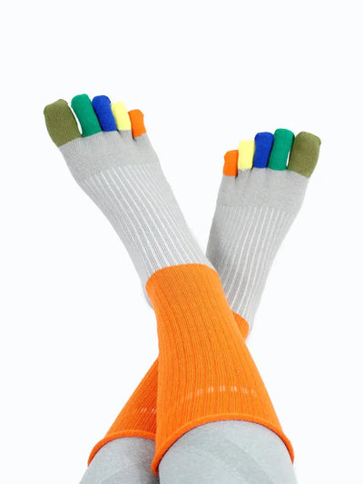 Color-blocked women's five finger cotton toe socks, orange