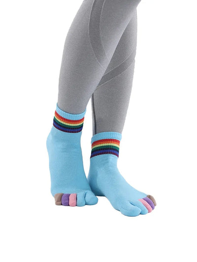 rainbow pattern women's five finger cotton socks, blue